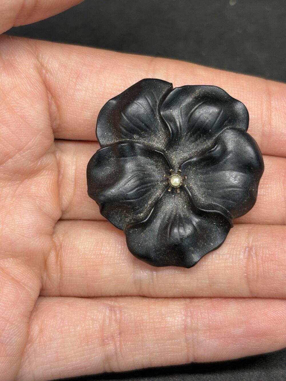 Vtg Victorian Gold Filled Pearl Pansy Jet Mourning Enamel Black Brooch Pin